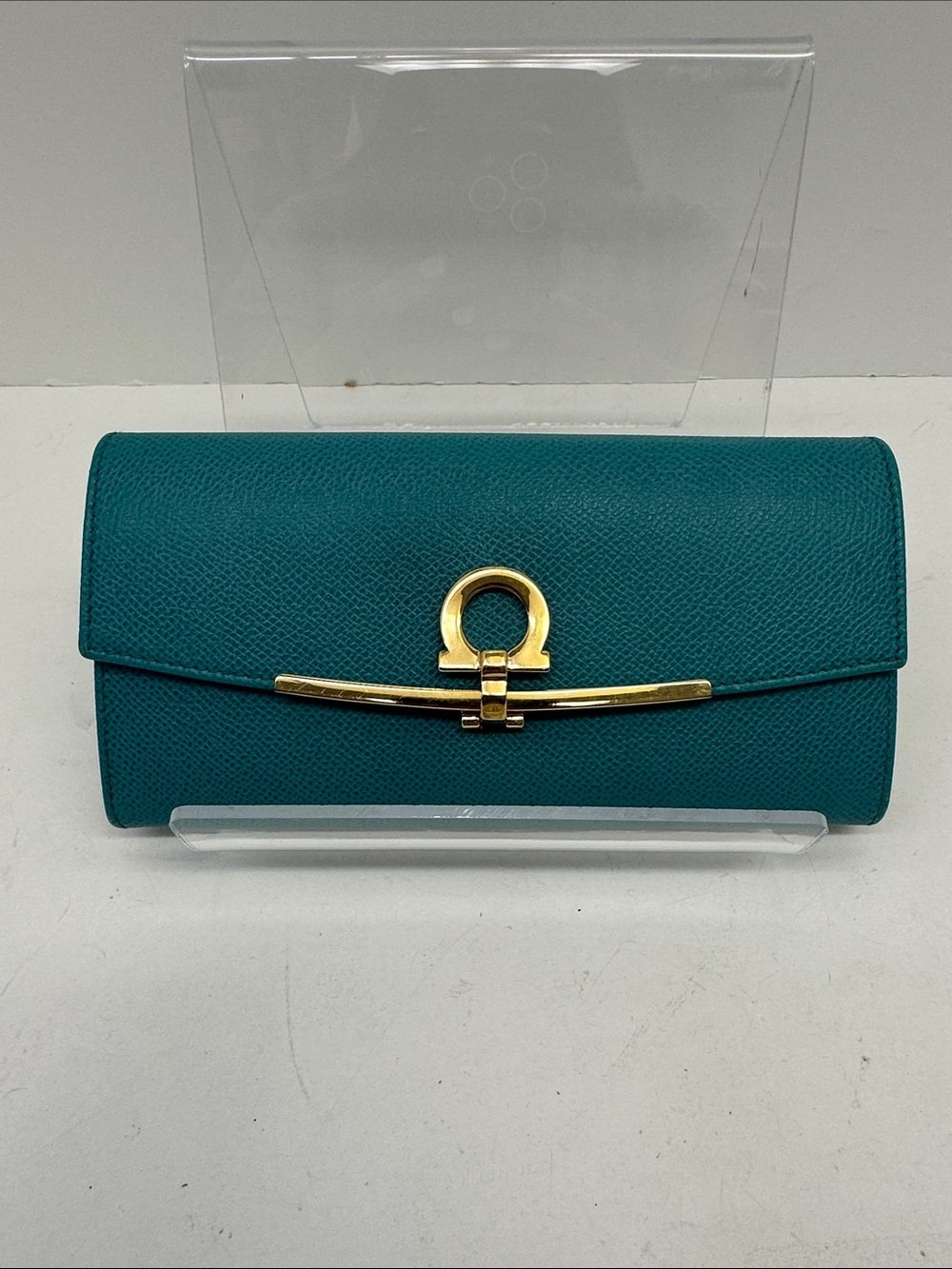 Salvatore Ferragamo Teal Leather Clutch with Gold Hardware